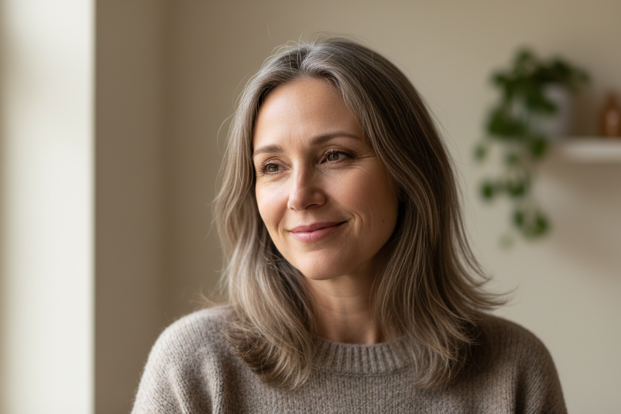 A natural-looking Danish woman, around 52 years old (appears slightly older), warm smile, soft minimal makeup, healthy skin, medium-length light brown hair with a few subtle silver strands, photographed in soft natural window light. Casual everyday clothing, simple neutral background, realistic customer portrait style, not a model, authentic and relatable.