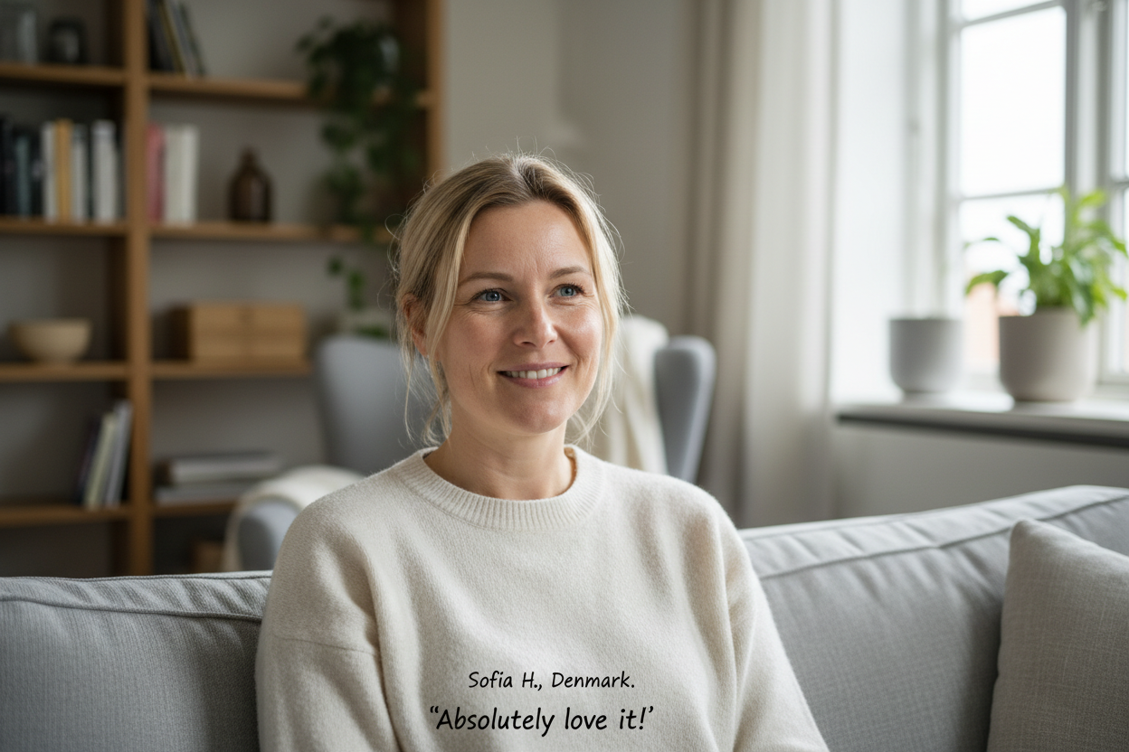 A natural portrait of a Danish woman in her late 30s, relaxed expression, minimal makeup, everyday home environment, soft daylight, candid feeling, realistic skin, no beauty filters, genuine customer testimonial photo
