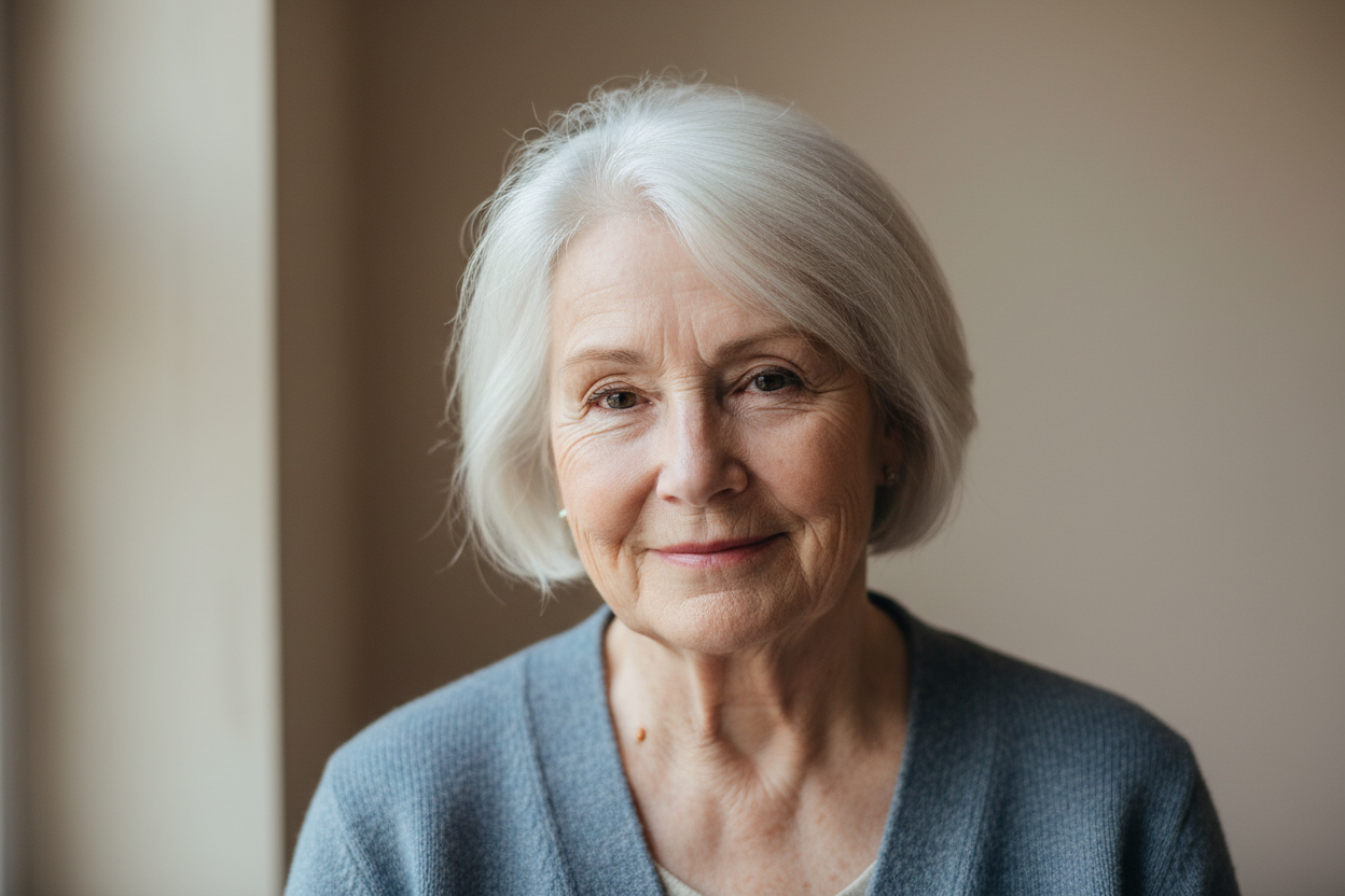 A senior Scandinavian woman, around 68 years old, soft smile, fair skin, visible natural aging signs, thin grey or white hair neatly styled, minimal makeup, natural daylight look. Realistic everyday customer photo, neutral background, authentic and trustworthy.
