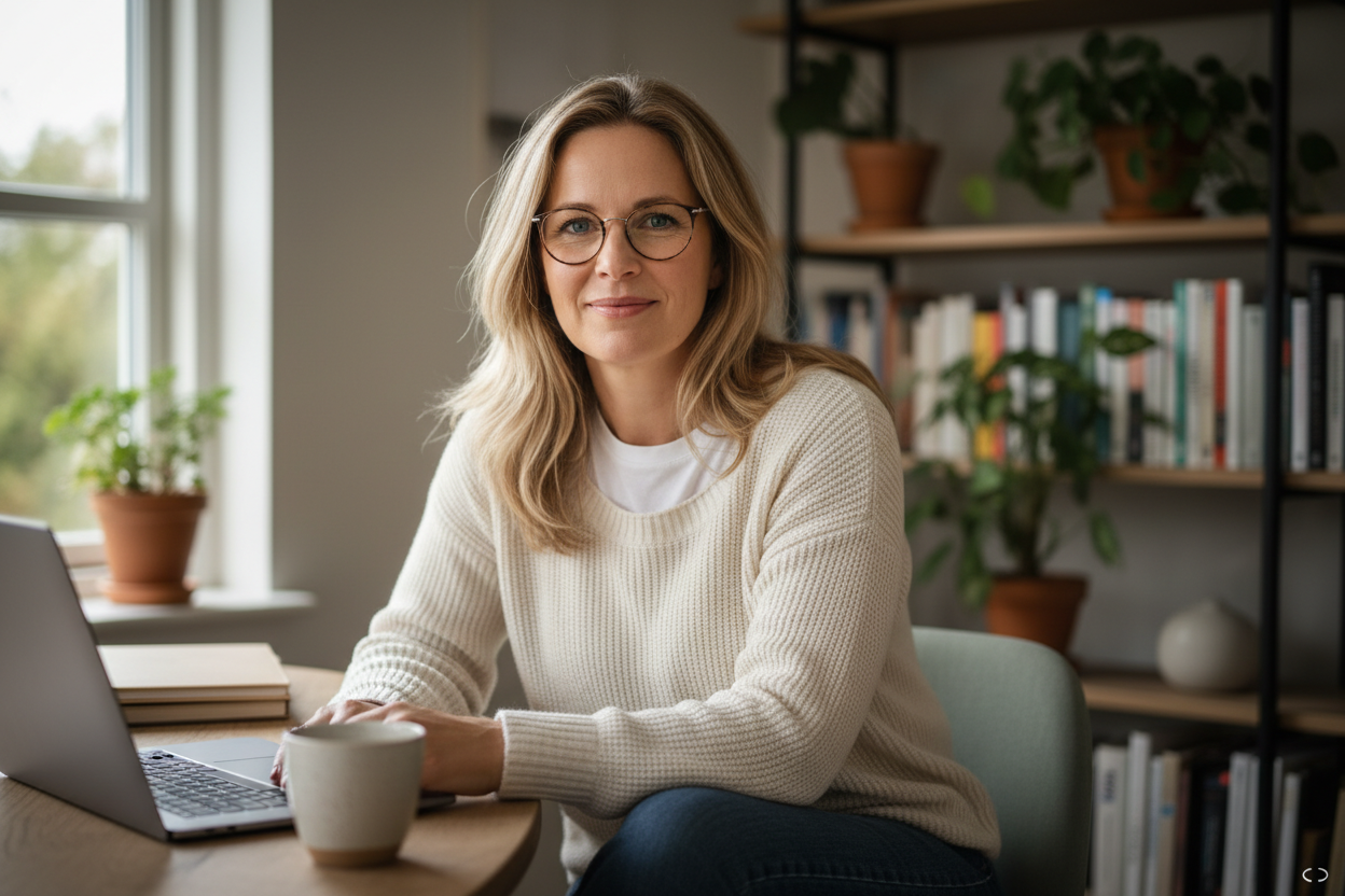 Dansk kvinne i begynnelsen av 40-årene, rolig smil, skulderlangt lyst eller lysebrunt hår. Naturlig arbeids-/hjemmestil, nøytralt bakgrunnsmiljø. Realistisk kundeavatar, ikke modell. Mykt lys og naturlige farger.”