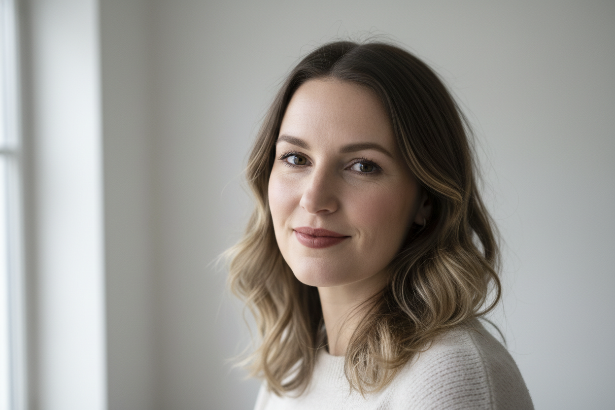 “Dansk kvinne i midten av 30-årene, naturlig look, lett makeup, vennlig uttrykk. Mørkblondt eller brunt hår, lette bølger. Avatarlignende portrettfoto, tatt i nøytralt lyst rom. Ingen filter, ingen modellpreg, realistisk og hverdagslig.”