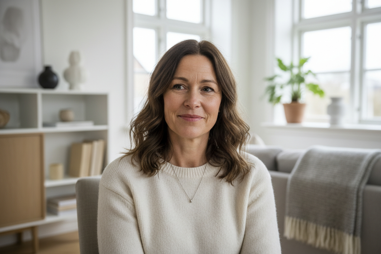 «Realistisk portrett av en dansk kvinne i 40-årene, naturlig utseende, middels langt brunt hår, lett smil, tatt innendørs i et lyst skandinavisk hjem. Ser ut som en ekte kunde, ikke en modell.»
