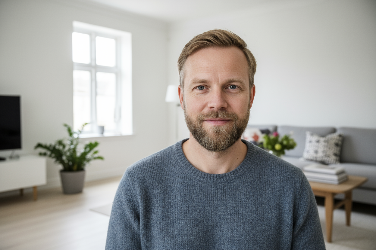 «Realistisk portrett av en dansk mann i midten av 40-årene, kort mørkblondt hår, litt skjegg, avslappet uttrykk. Innendørs i et typisk dansk hjem. Ser troverdig og naturlig ut.»