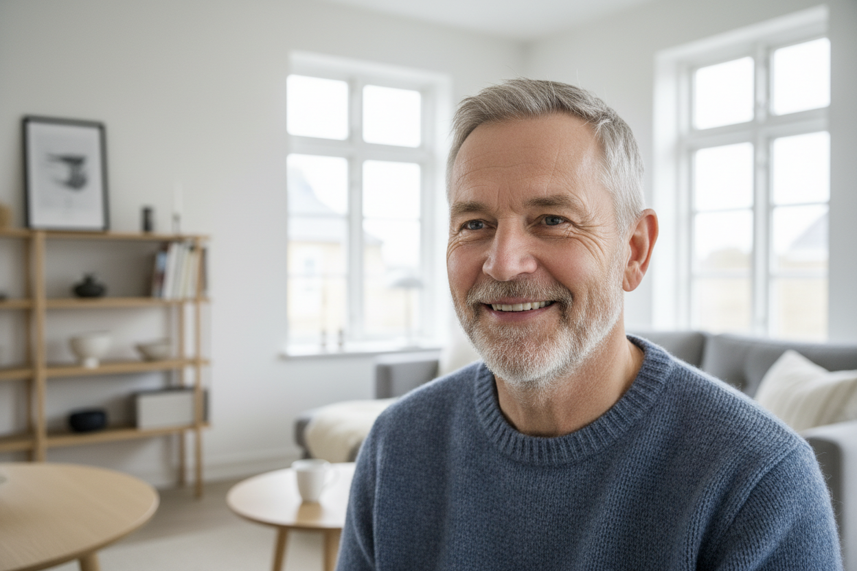 «Realistisk portrett av en dansk mann i slutten av 50-årene, kort grått hår, lett skjeggstubb, vennlig uttrykk. Tatt i et enkelt, nordisk hjemmemiljø. Ser ut som en ekte kunde.»